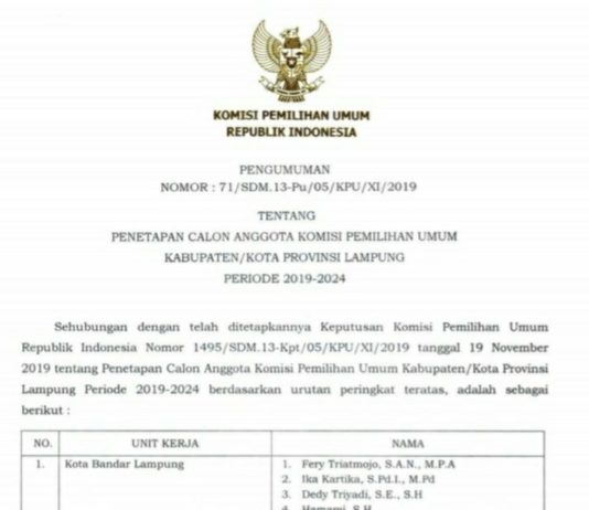 Satu Kursi KPU Lamsel Alami Kekosongan