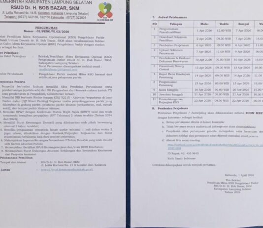 RSUD dr. H. Bob Bazar SKM Kalianda, Umumkan Secara Terbuka Seleksi Pemilihan Mitra Kerjasama Operasional (KSO) Pengelolaan Parkir